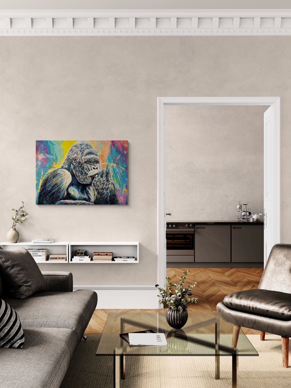 Gorilla e colibrì stampa su canvas retouchè